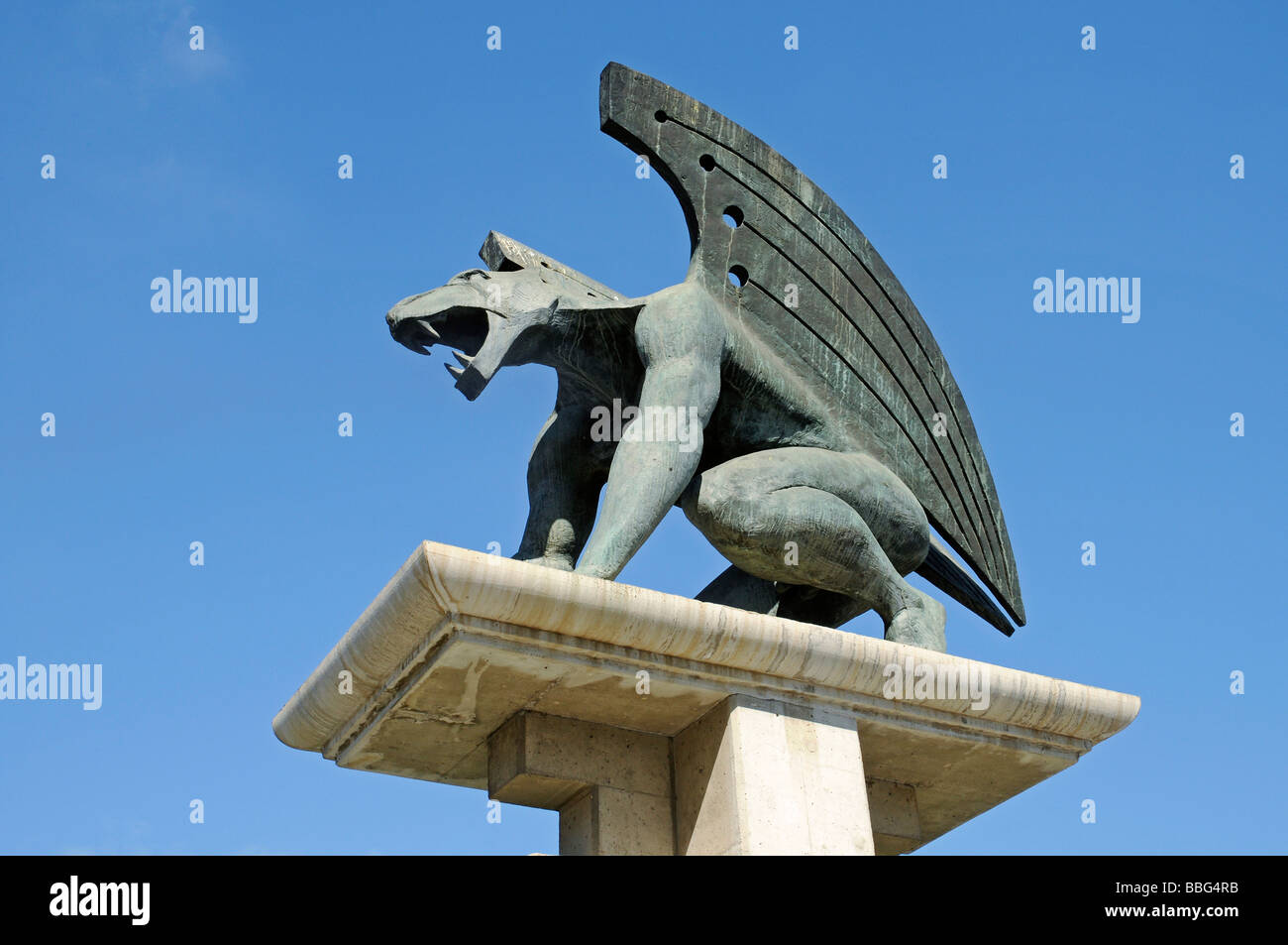 Mythical creature, lion, wings, sculpture, Puente del Regn, bridge, Valencia, Spain, Europe Stock Photo
