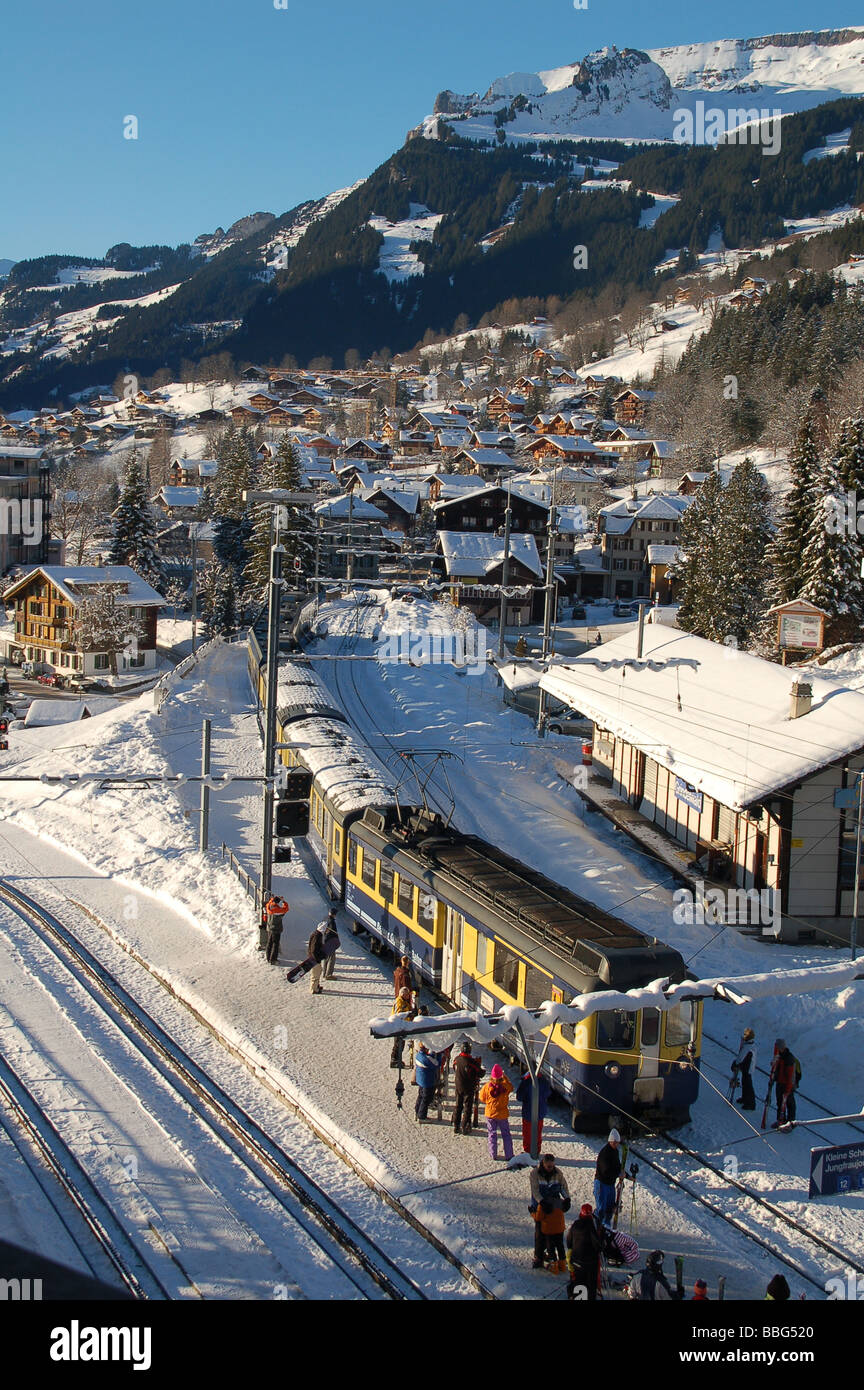 Railway Train station in Mountains in Swiss Alps near Grindelwald in Switzerland Europe Stock Photo