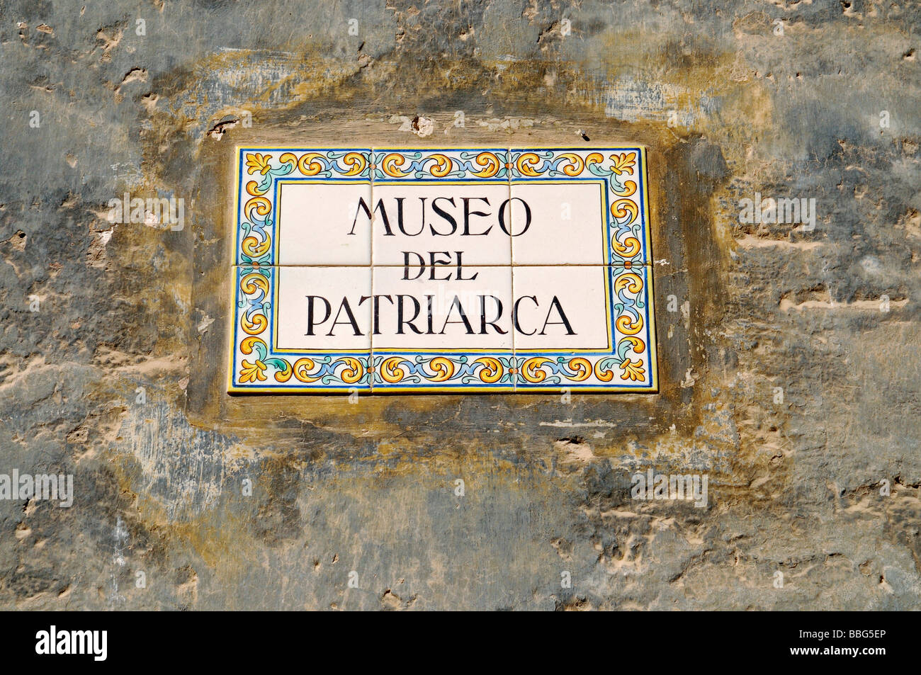 Schild, Spanish tiles, azulejos, house wall, Museo del Patriarca, museum, art, paintings, Plaza del Patriarca, Valencia, Spain, Stock Photo