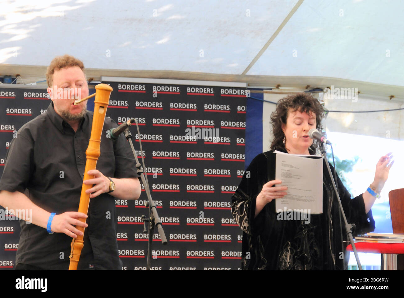 Carol Ann Duffy and John Sampson performing at a children's literature festival in Cheltenham UK Stock Photo
