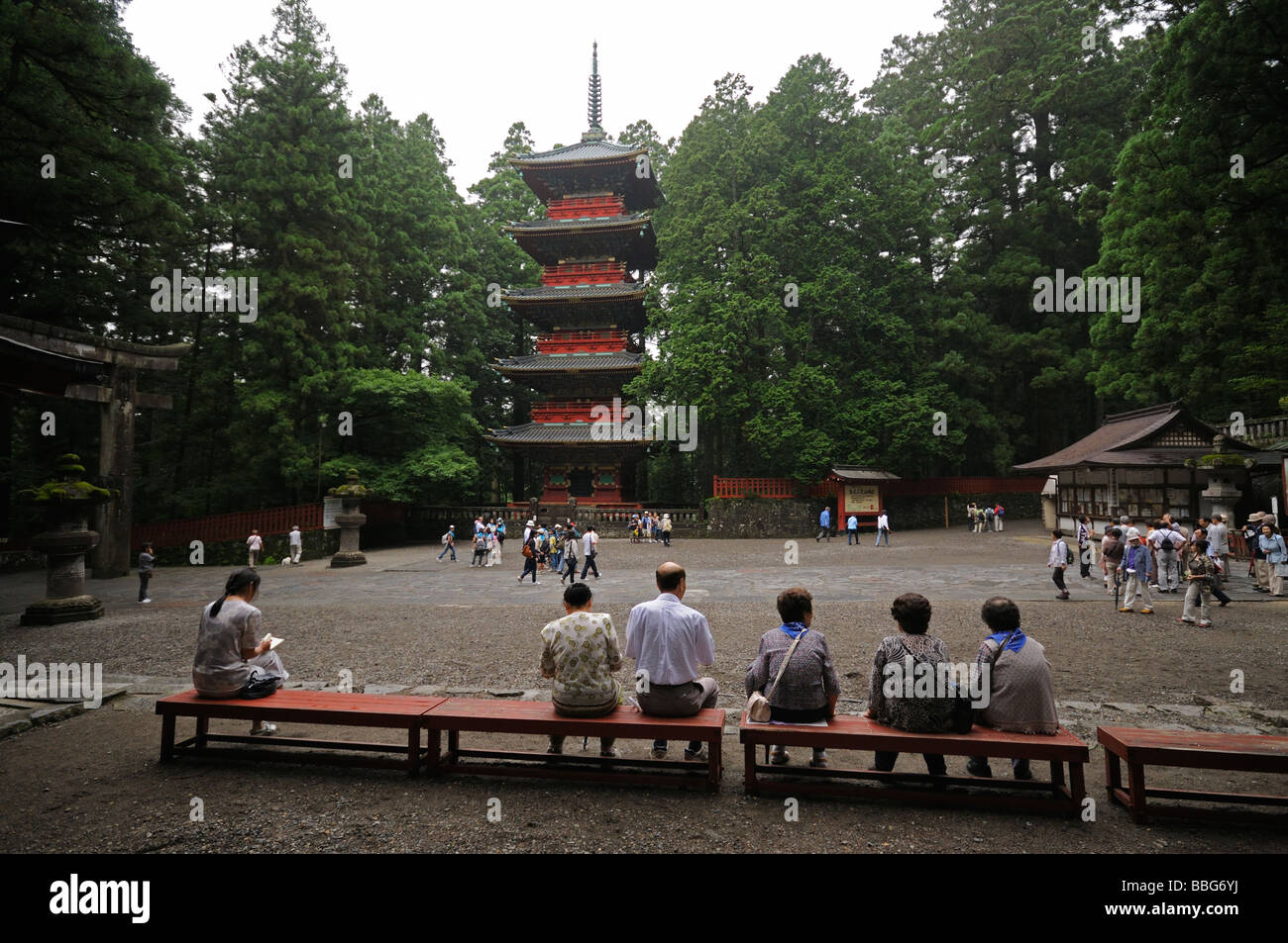 Stone Torii and the Five Storied Pagoda. Tosho-gu Shinto Shrine. Nikko. Tochigi Prefecture. Japan. Stock Photo
