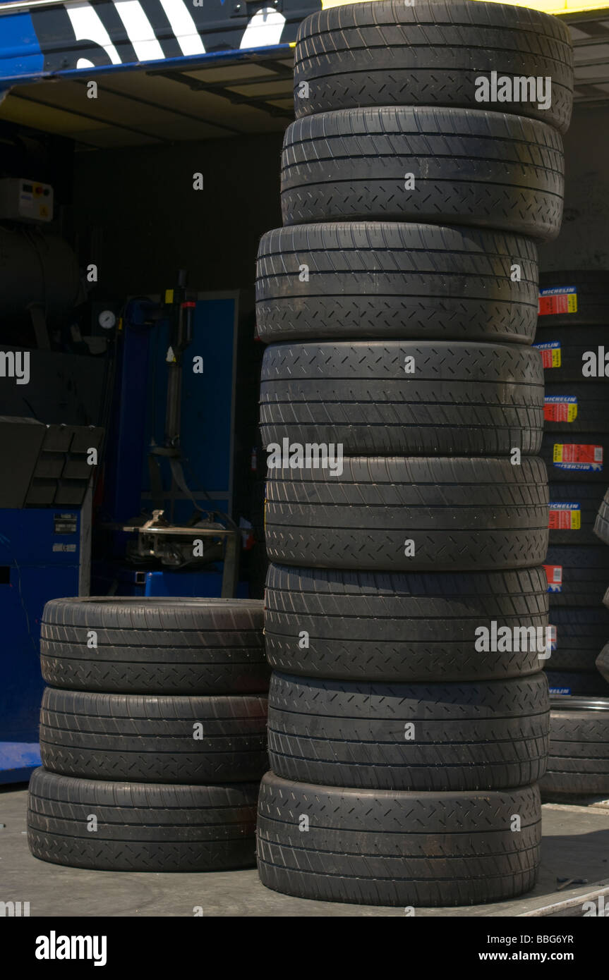 Pile of Tyres at the Michelin Tyres Supply Truck in the Paddock at Brands Hatch Kent England Stock Photo