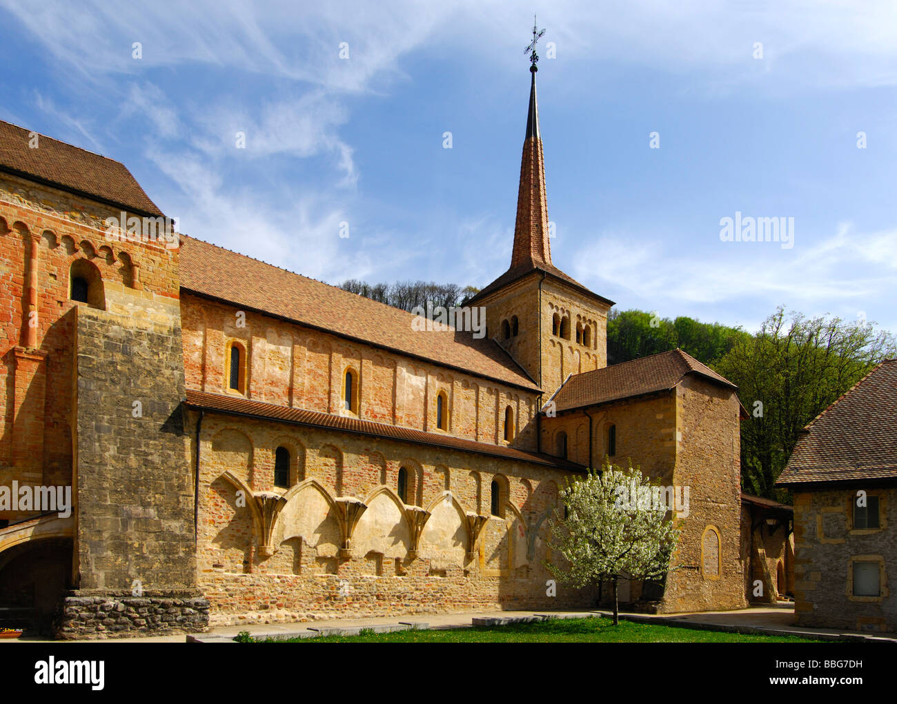 Collegiate church of the Romanesque Abbey Romainmoitier, Vaud, Switzerland, Europe Stock Photo
