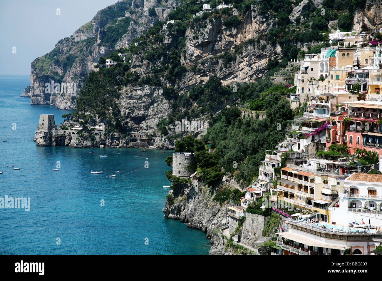 Positano, Amalfi Coast, Italy; Coastal buildings and seascape Stock