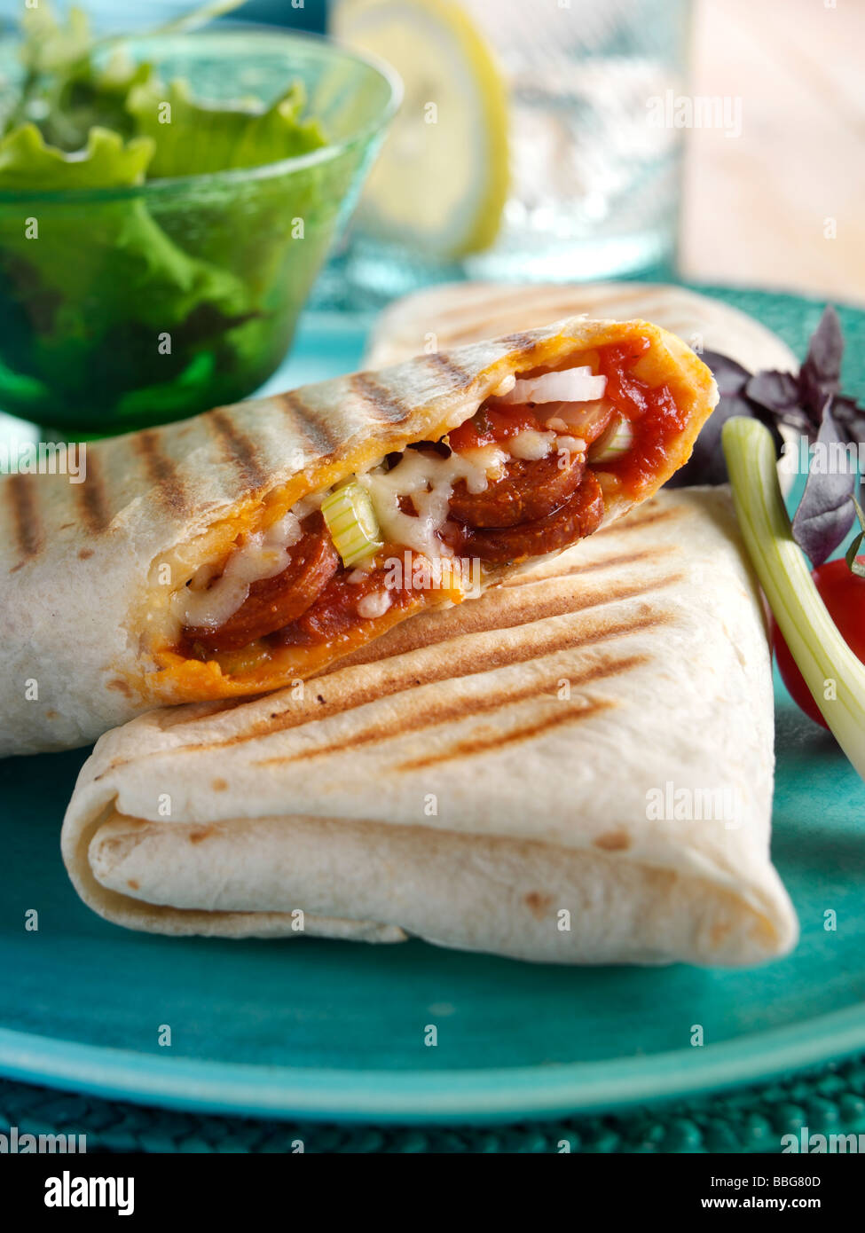 Spanish chorizo wrap with salad Stock Photo Alamy