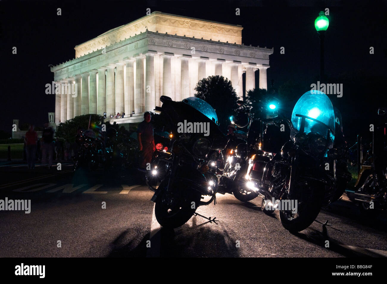 Motorcycles silhouetted in front of the Lincoln Memorial in Washington
