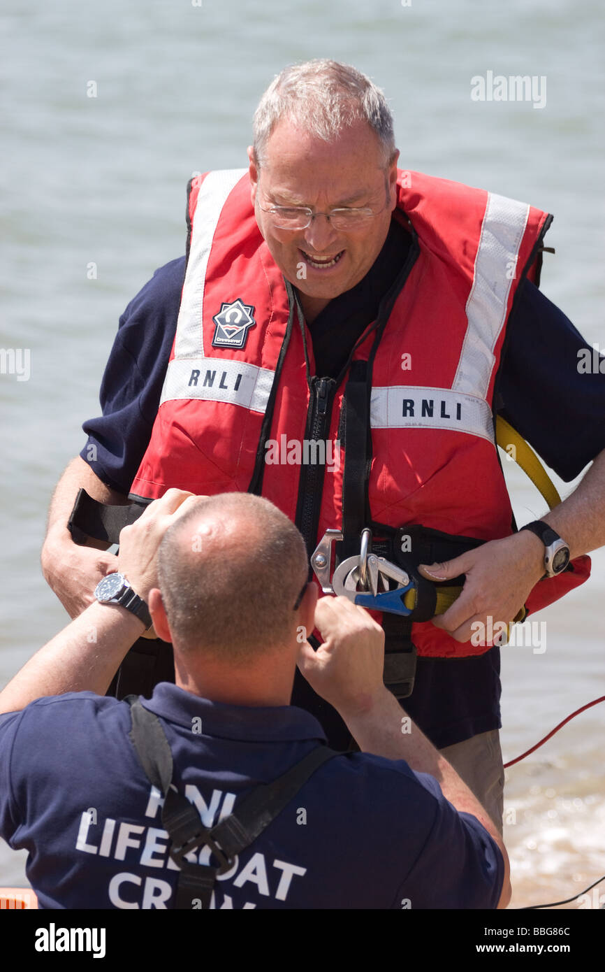 radio reporter lifejacket middle aged beach sea southend air festival show airshow Stock Photo