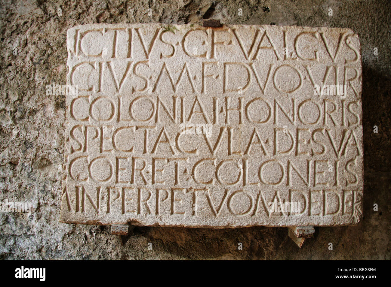 Pompeii, Italy; Ancient plaque in historic Italian ruins Stock Photo