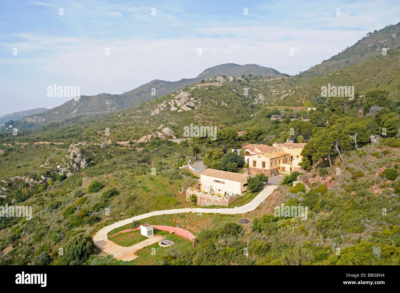 Mountain landscape, house, estate, Desierto de las Palmas, Palm Desert, Benicasim, Benicassim, Castellon, Valencia, Spain, Euro Stock Photo