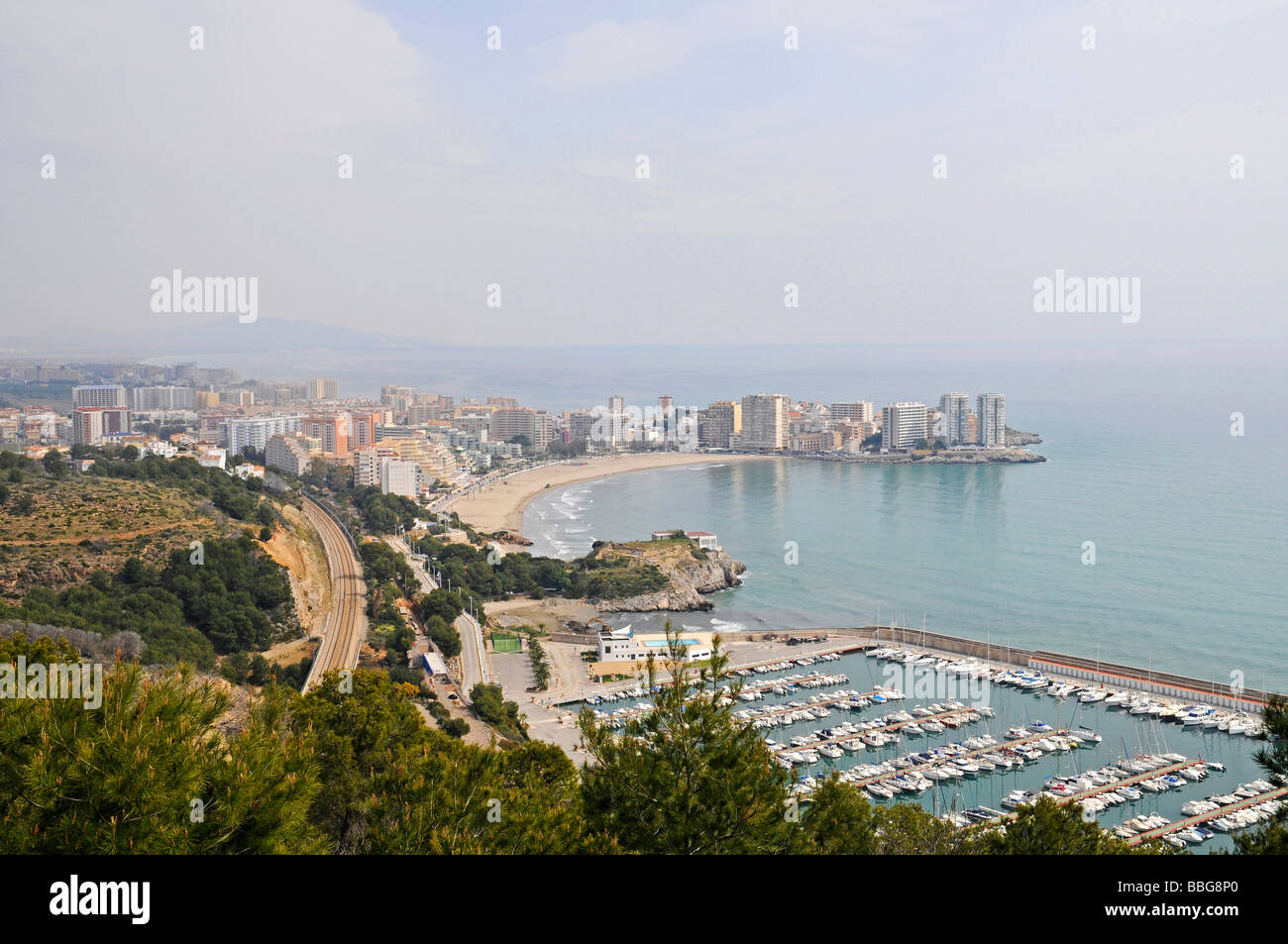 City view, port, Playa de la Concha beach, skyscrapers, Oropesa del Mar, Benicasim, Castellon, Valencia, Spain, Europe Stock Photo