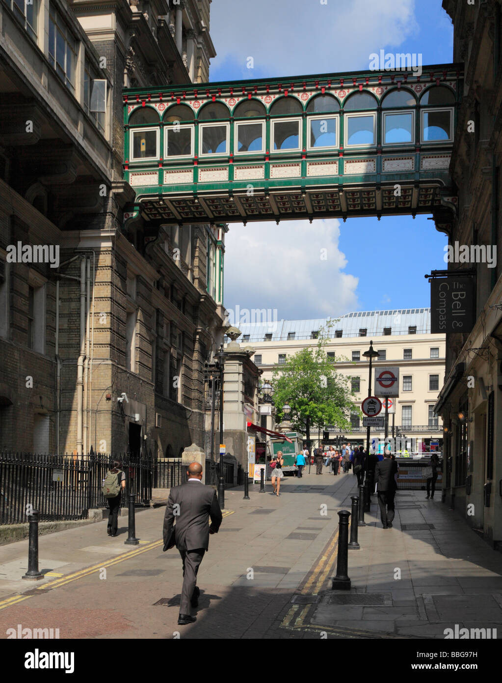 Victorian style footbridge connecting Charing Cross Hotel across Villiers Street London England UK Stock Photo