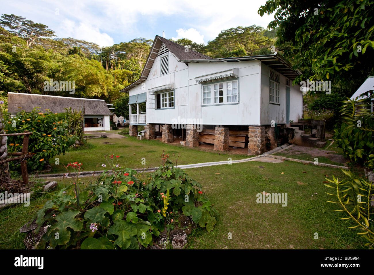 Old house of the owner of the Le Jardin Du Roi Spice Garden, Mahe Island, Seychelles, Indian Ocean, Africa Stock Photo