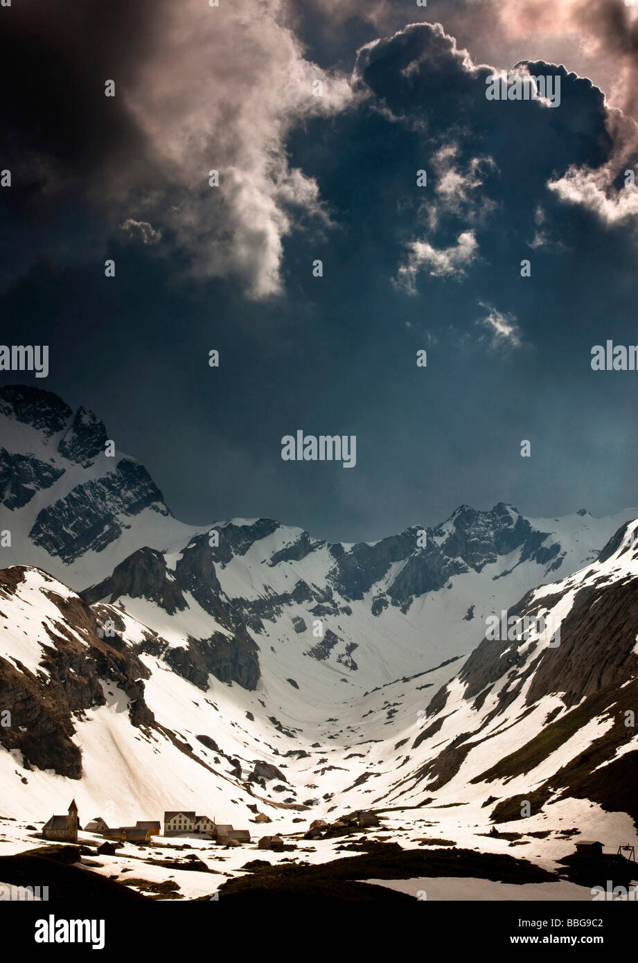 Stormy atmosphere in the Alpstein mountain range, Meglisalp, Saentis, Altmann, Swiss Alps, Switzerland, Europe Stock Photo