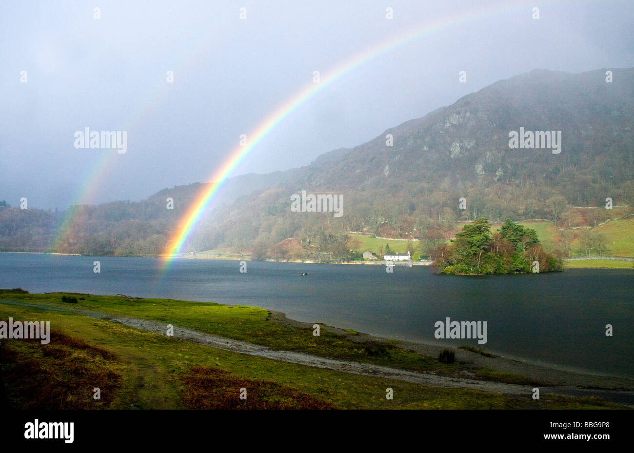 British Winter Landscapes Rainbow over Rydal Water in the Lake District National Park Cumbria Stock Photo
