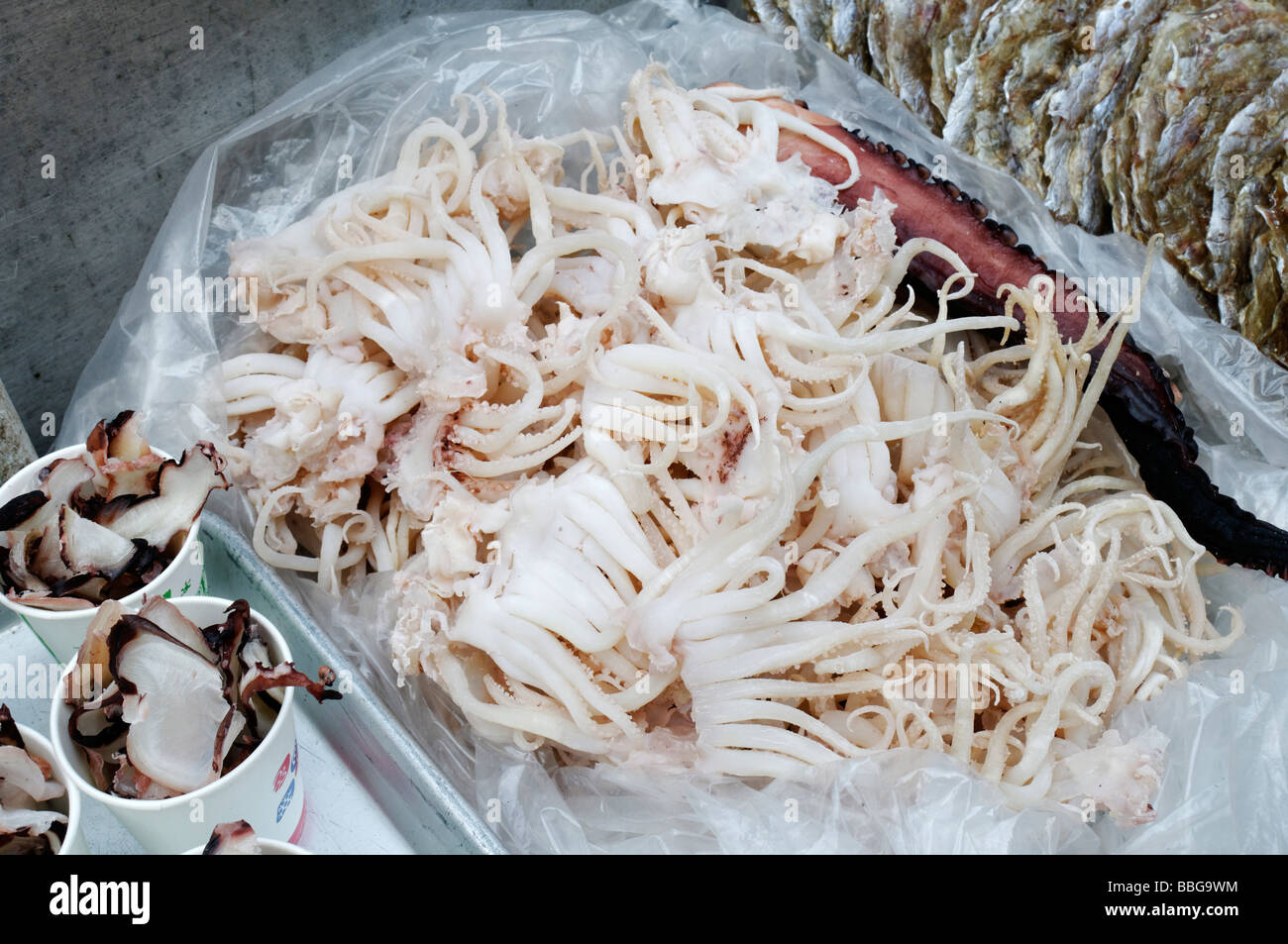Dried squid, octopus, cuttlefish, Korean food, market in Seoul, South
