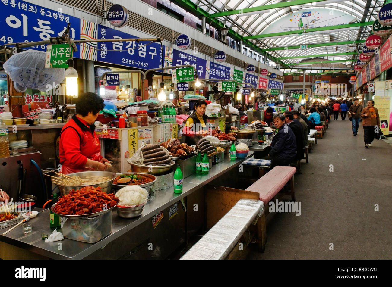 Korean food, small restaurant, food stall in a market in Seoul, South
