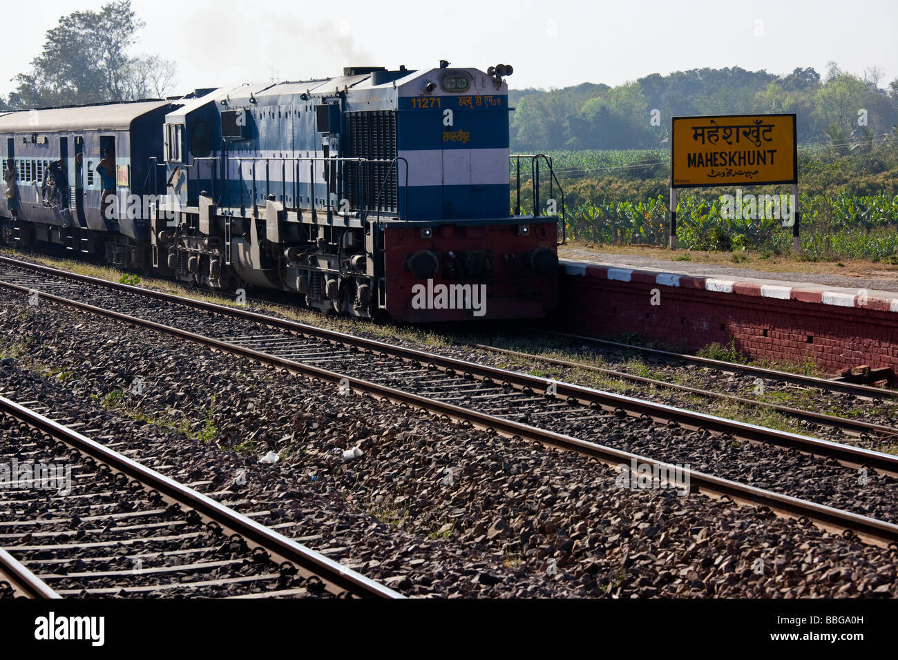 Indian Railway Station and Train at Maheskhunt in Bihar Province India