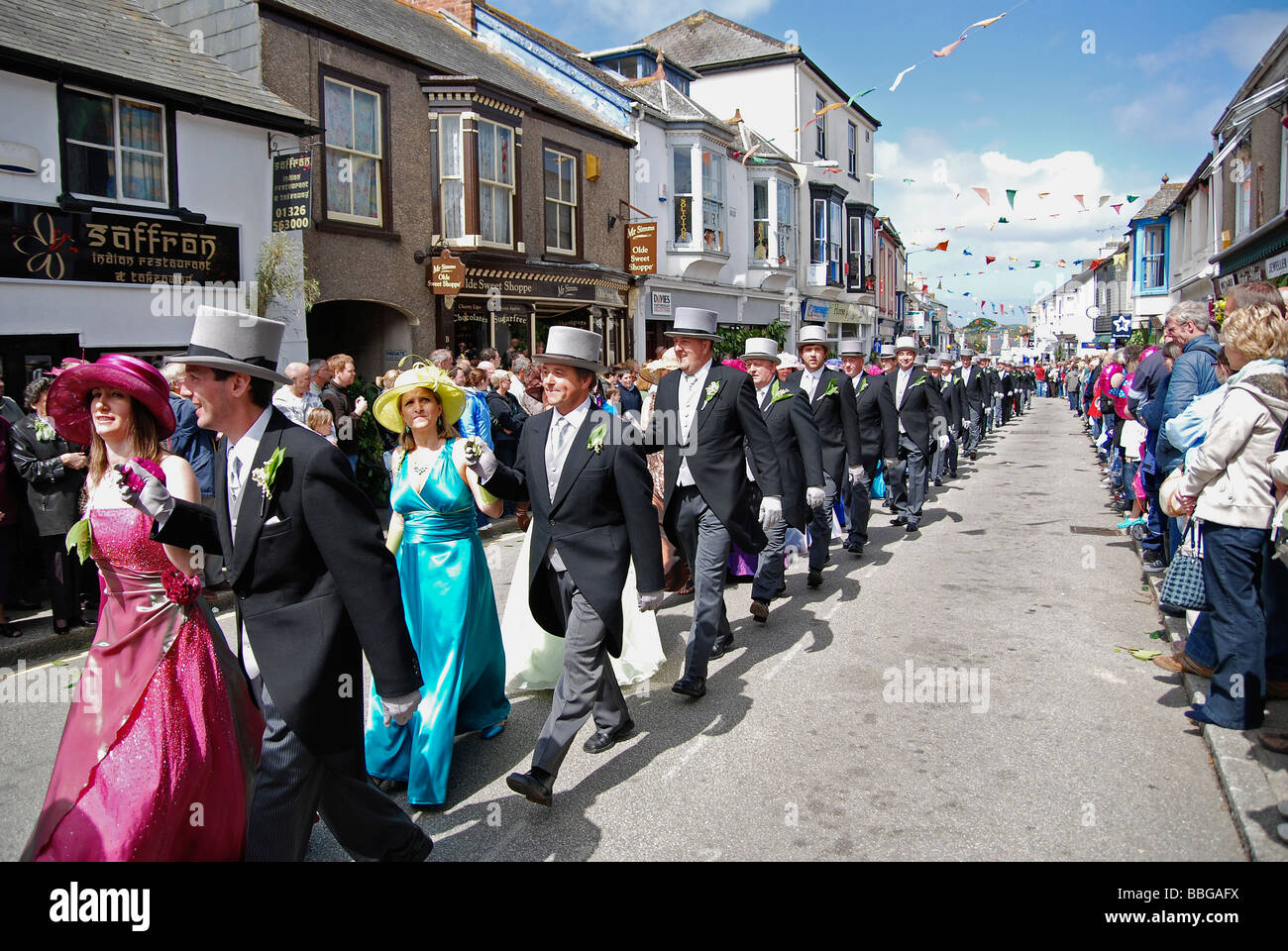 dancers in the streets of helston,cornwall,uk on the annual 'flora day' celebrations Stock Photo