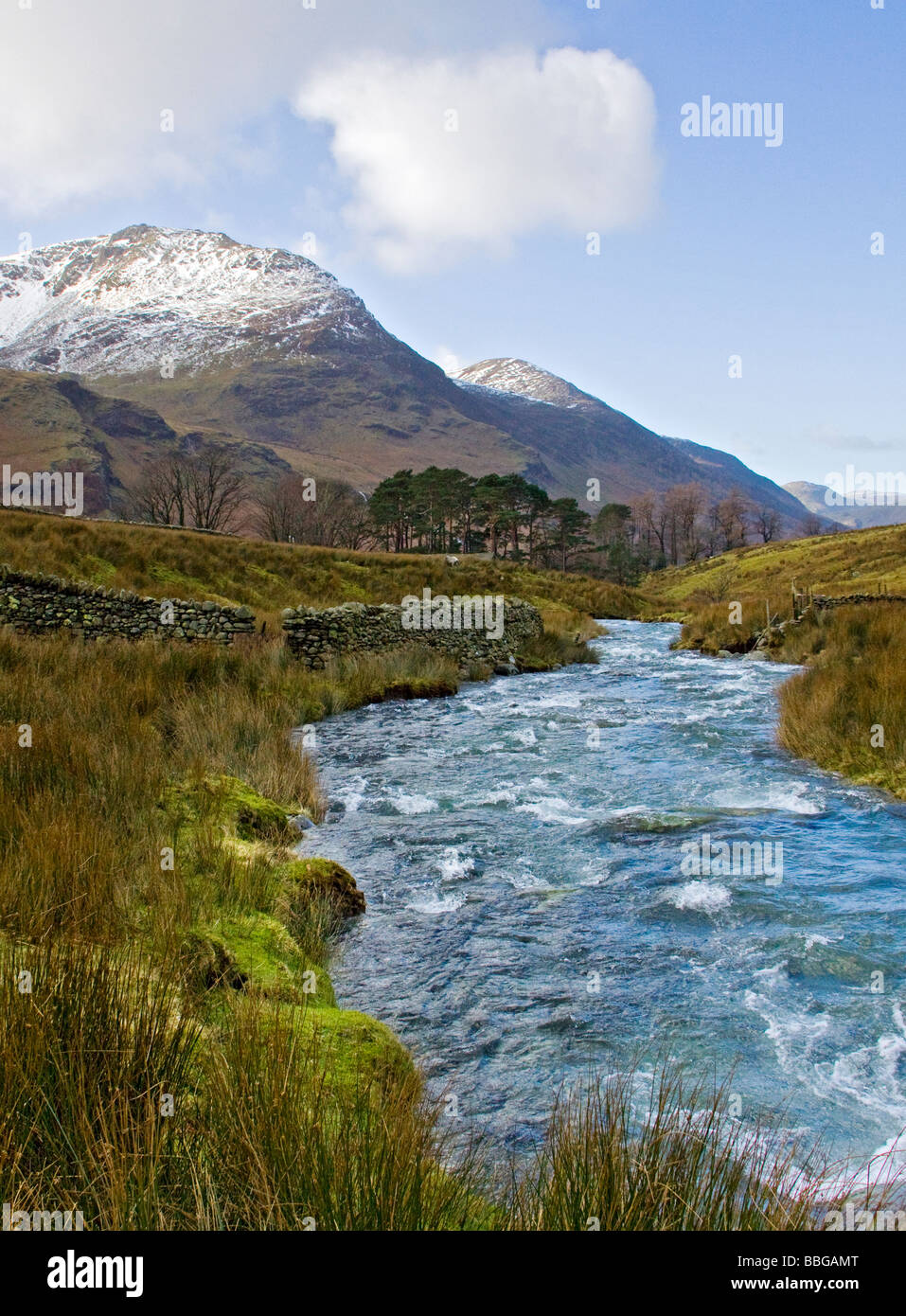 British Winter Landscapes Gatesgarthdale Beck with High Stile and Red Pike in the Lake District National Park Cumbria Stock Photo