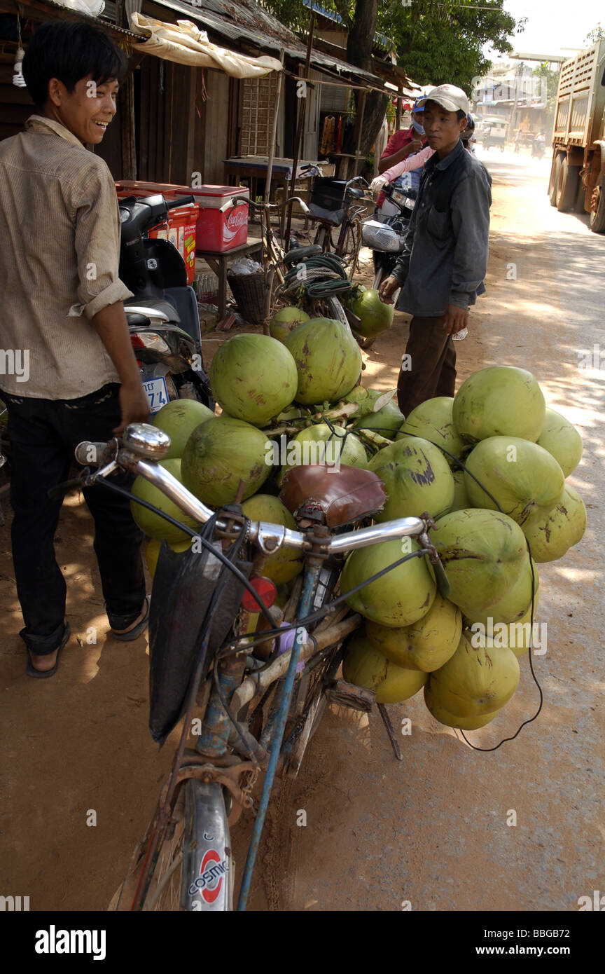 Cambodian man transporting young coconuts on his bicycle in Siem Reap, Cambodia Stock Photo