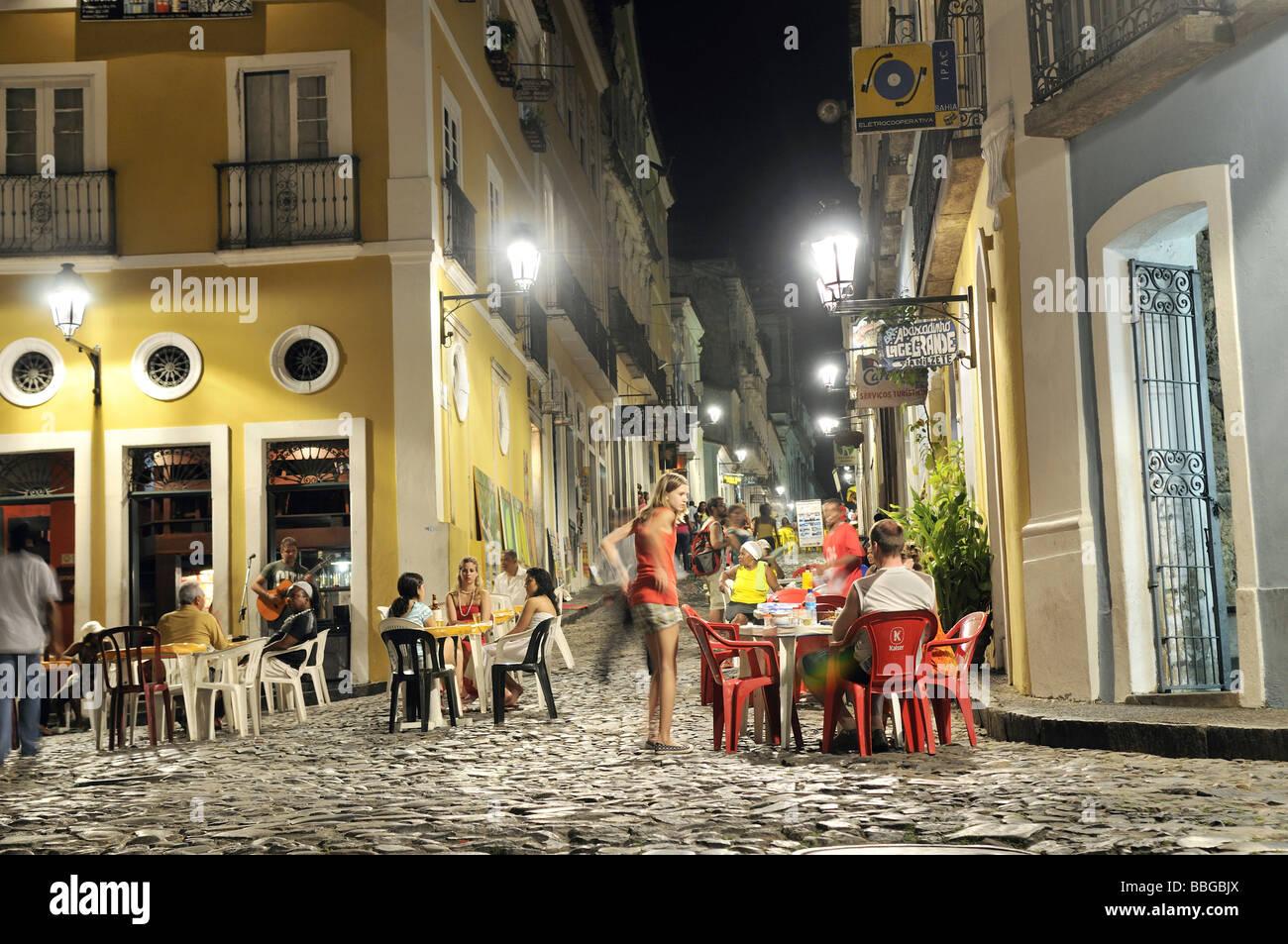 Street scene in the historic city at night, nightlife, Salvador, Bahia, UNESCO World Heritage Site, Brazil, South America Stock Photo