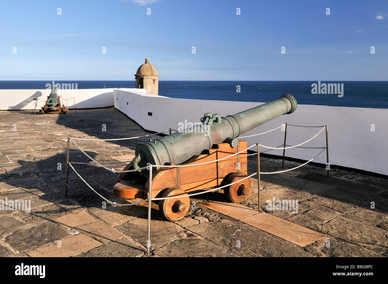 Cannon and watch tower in the Forte de Santo Antonio da Barra fortress, Salvador, Bahia, UNESCO World Heritage Site, Brazil, So Stock Photo
