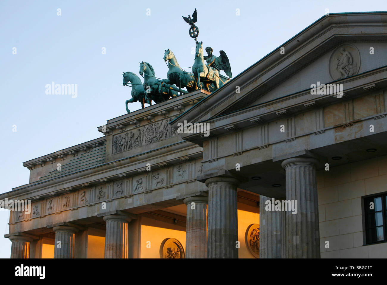 Sunset at the Brandenburg Gate with Quadriga, Pariser Platz square with a view to the west, Berlin, Germany, Europe Stock Photo