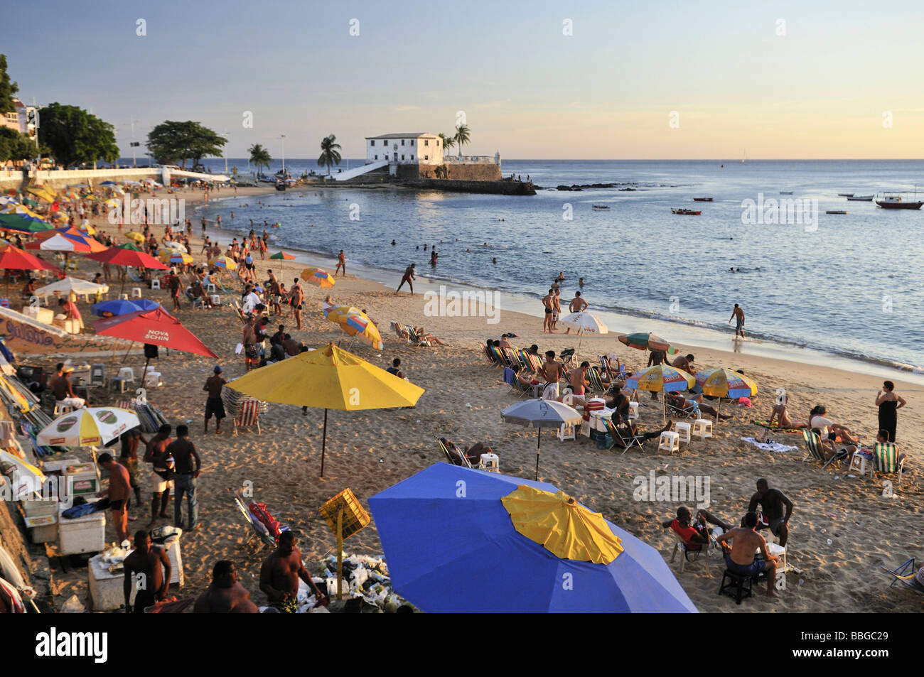 Lively beach of Porto da Barra and Forte Santa Maria fortress, Salvador, Bahia, Brazil, South America Stock Photo