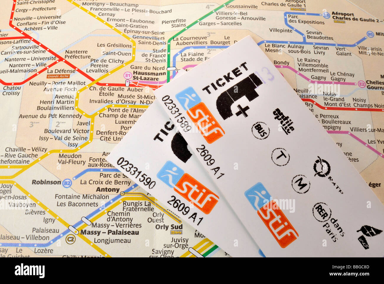 Single tickets on a plan of the Paris Metro, Paris, France, Europe Stock Photo