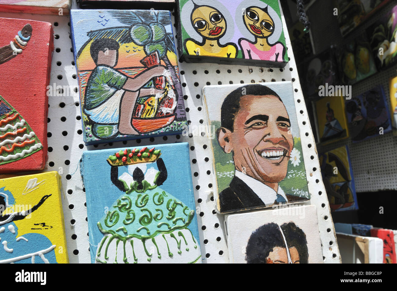 Paintings of U.S. President Barack Obama to be sold to tourists, street vendors, Salvador, Bahia, Brazil, South America Stock Photo