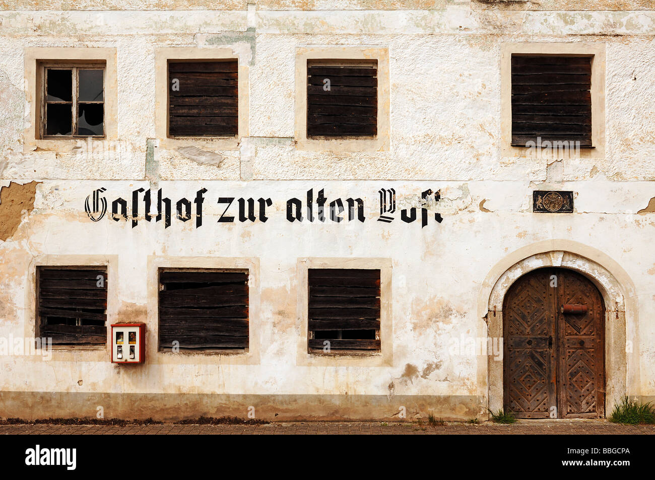 Facade of a dilapidated old inn 'Gasthof zur Post', detail, Kinding, Upper Bavaria, Germany, Europe Stock Photo