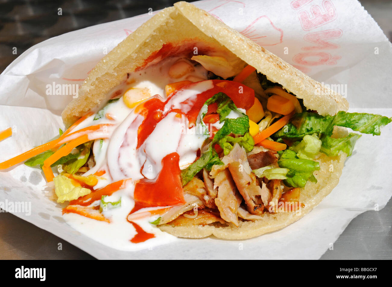 Kebab, snack, fast food, meat, salad, sauce, bread, Turkish specialty Stock Photo