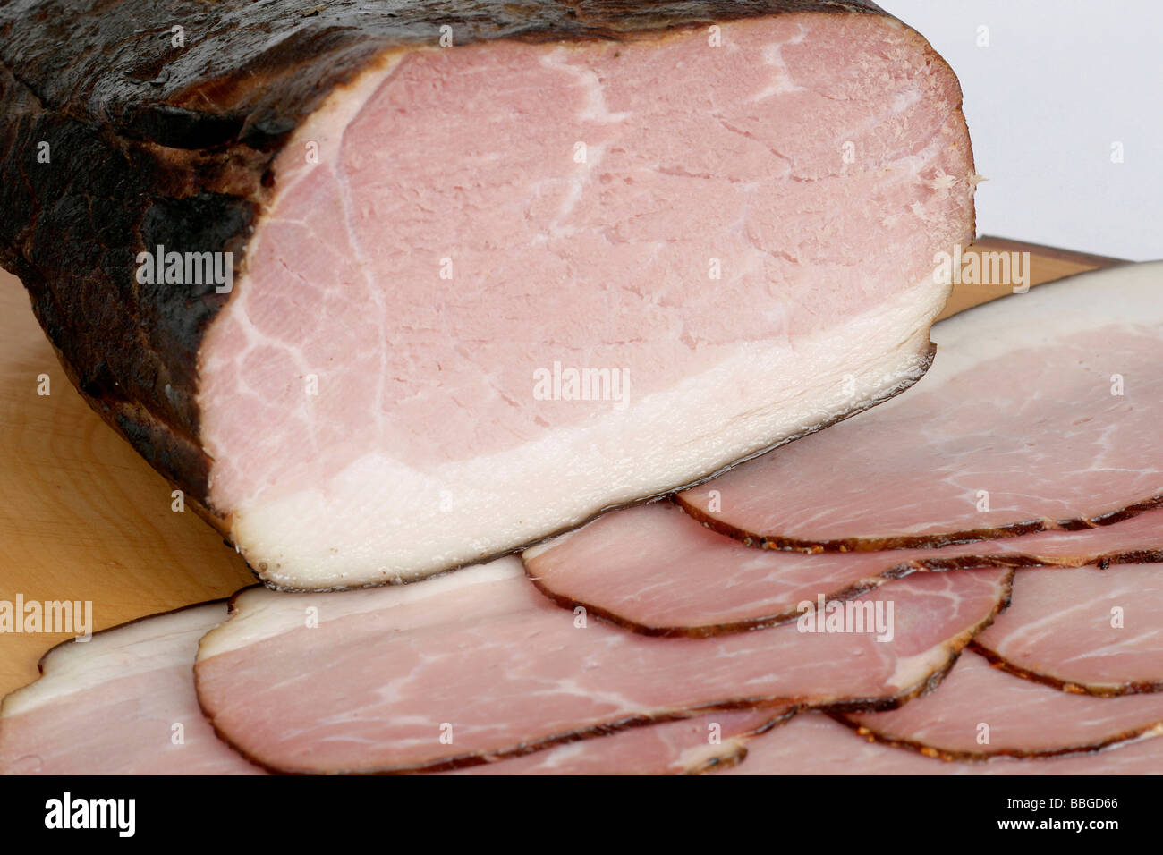 Bavarian specialty Schwarzgeraeuchertes, smoked pork belly, sliced, Hengersberg, Bavaria, Germany, Europe Stock Photo