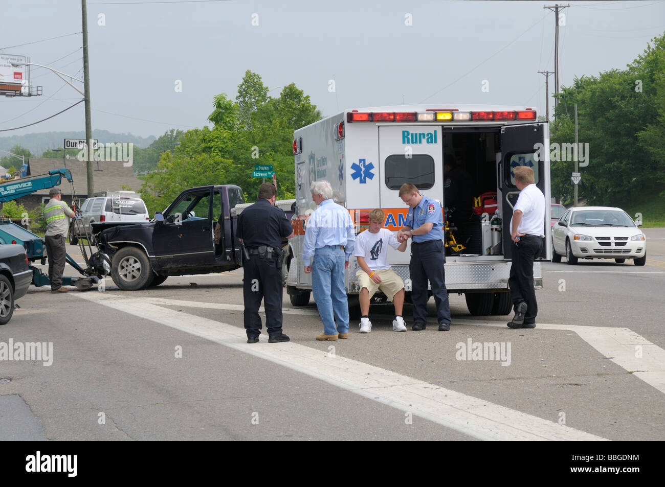 A fender bender accident causes damage to two vehicles and minor injury