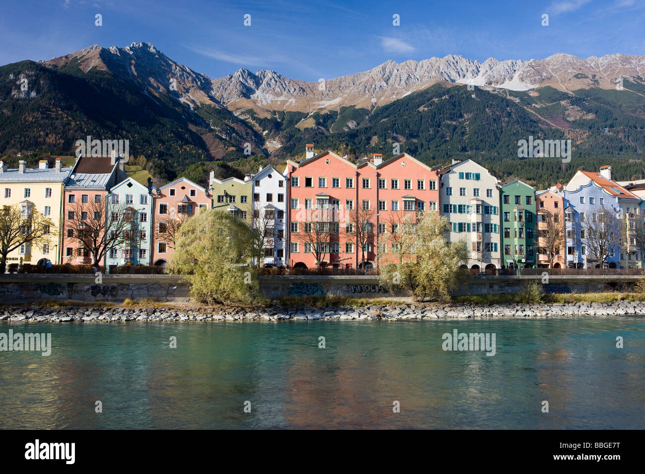 Mariahilf, row of houses in autumn, Inn river, the Alps, Karwendel, Old Town, Innsbruck, Inn valley, Tyrol, Austria, Europe Stock Photo
