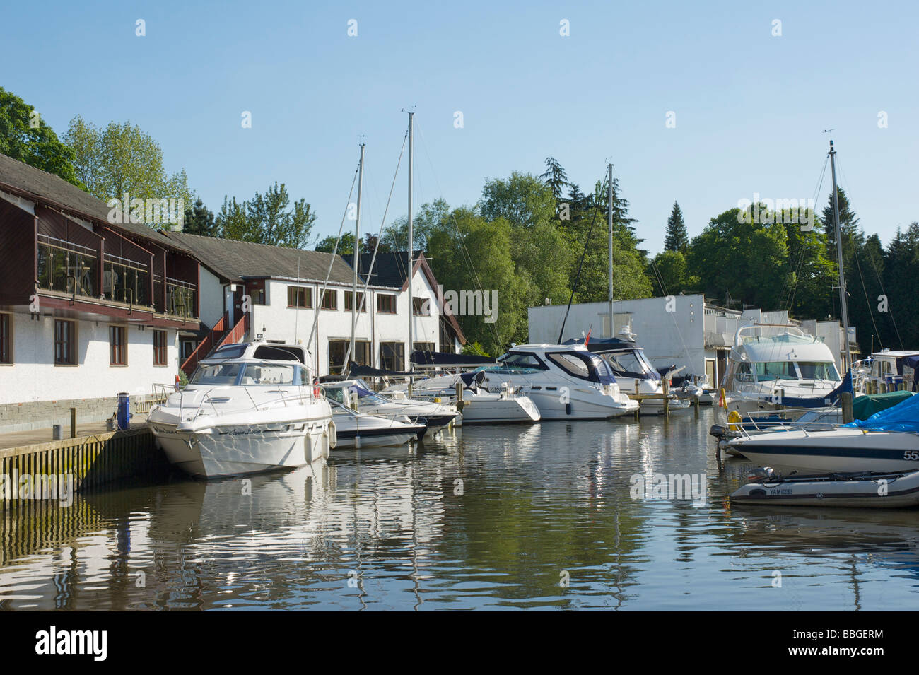 Boats moored in Windermere Marina Village, near Bowness, Lake District