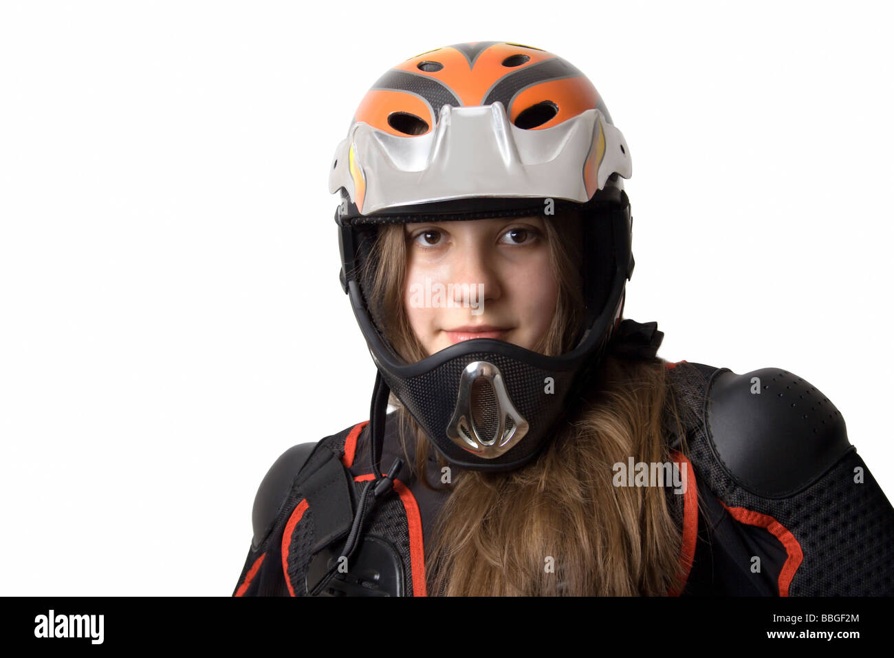 Extream girl in body armour with full face helmet isolate Stock Photo