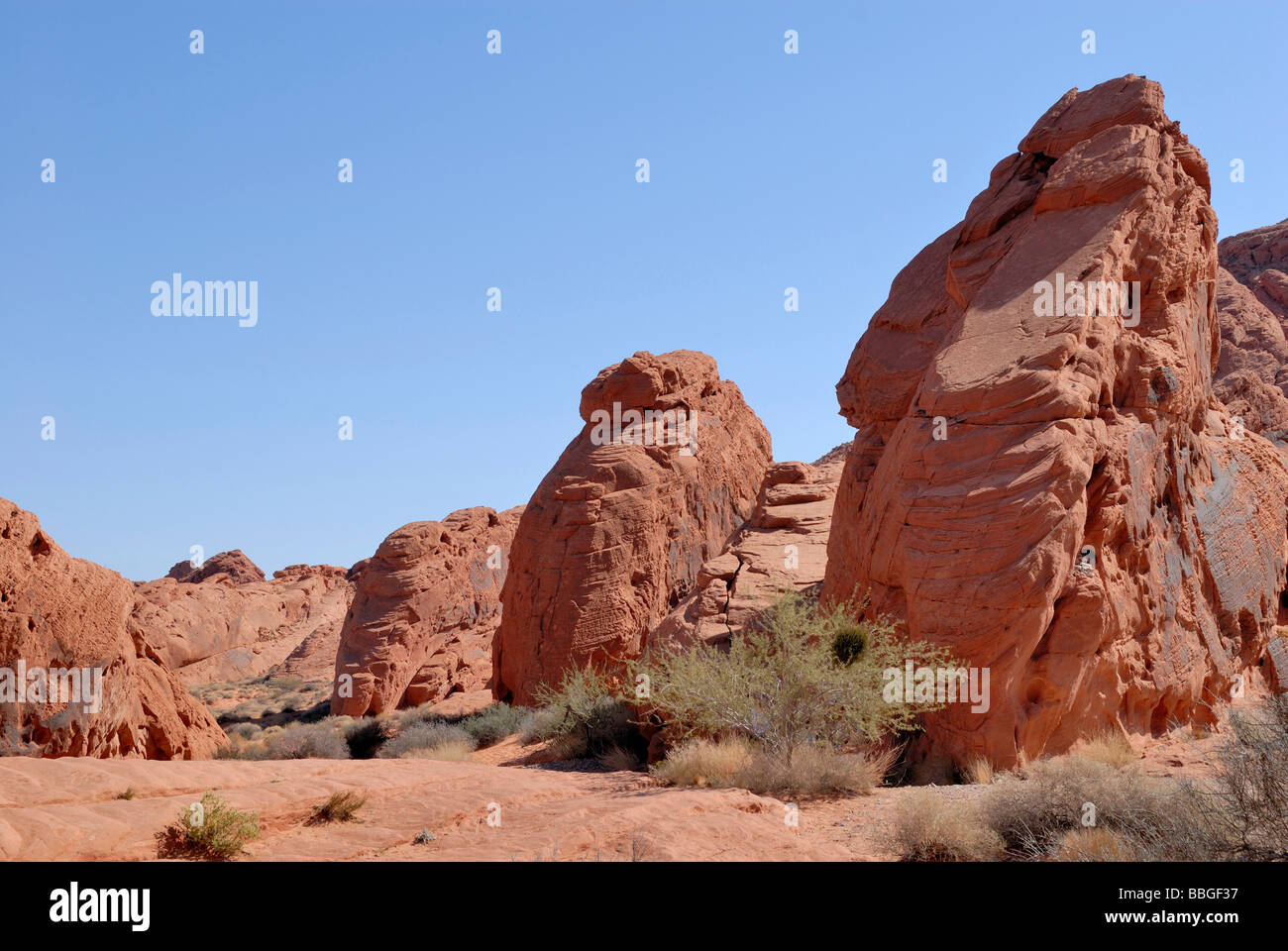Sandstone formations, red, rip-like, Valley of Fire State Park, northeastern of Las Vegas, Nevada, USA Stock Photo