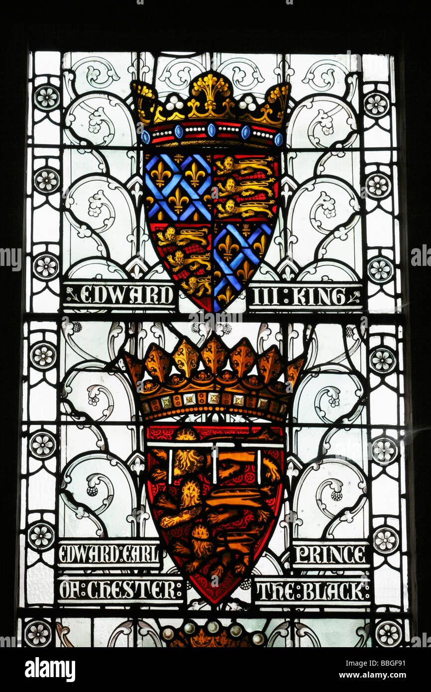 Coat of arms of King Edward 111, The Black Prince on stained glass window in The Great Hall in Winchester, Hampshire, England, UK Stock Photo