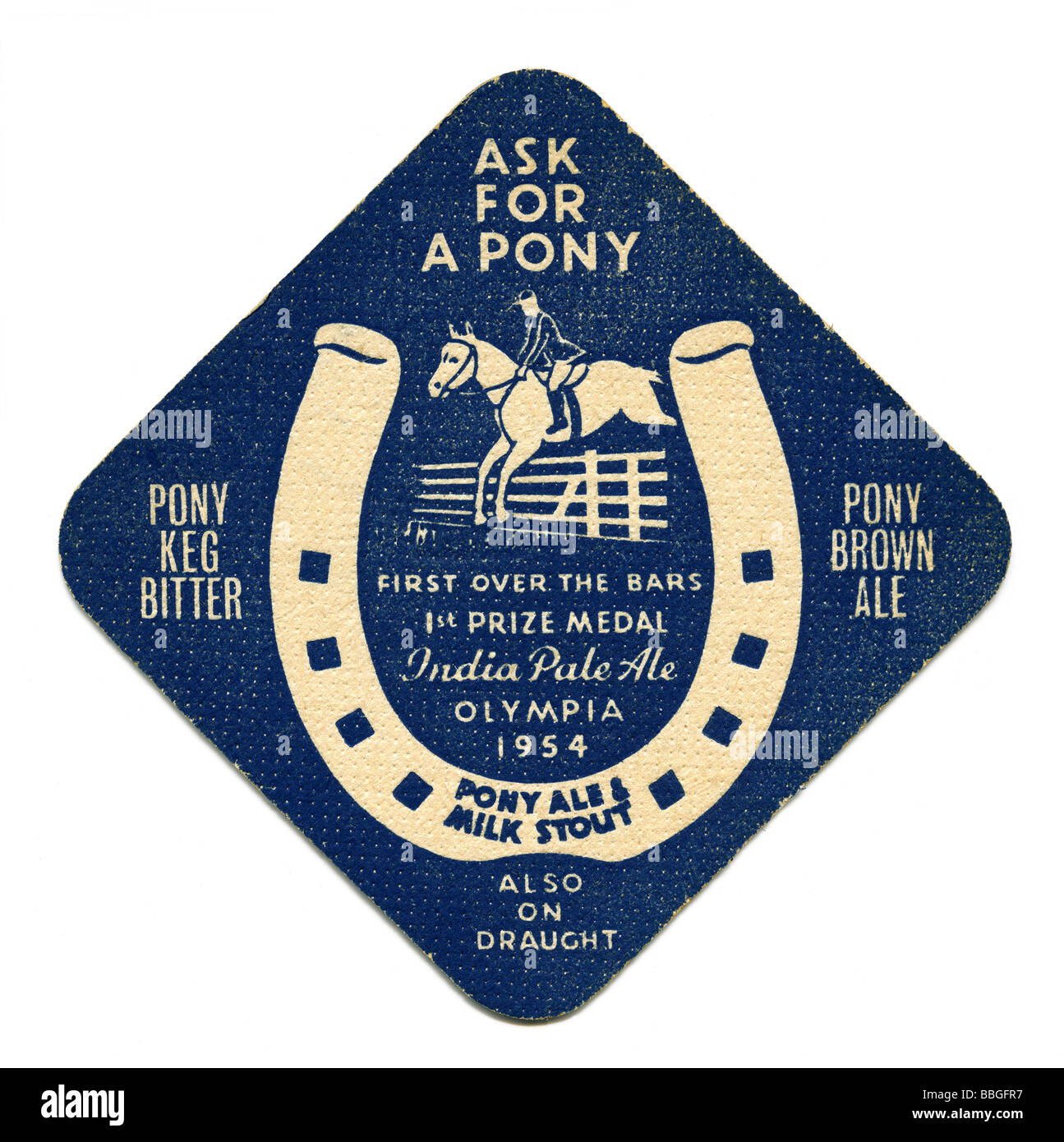 Old 1954 beermat for Pony Keg Bitter, Guernsey Brewery, Channel Islands Stock Photo