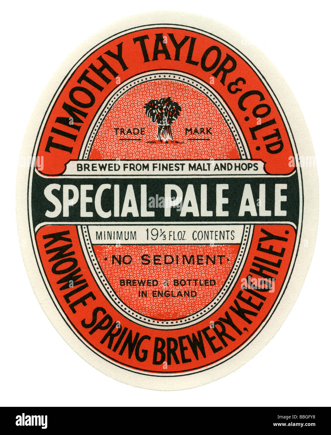 Old British beer label for Timothy Taylor's Special Pale Ale, Keighley, West Yorkshire Stock Photo