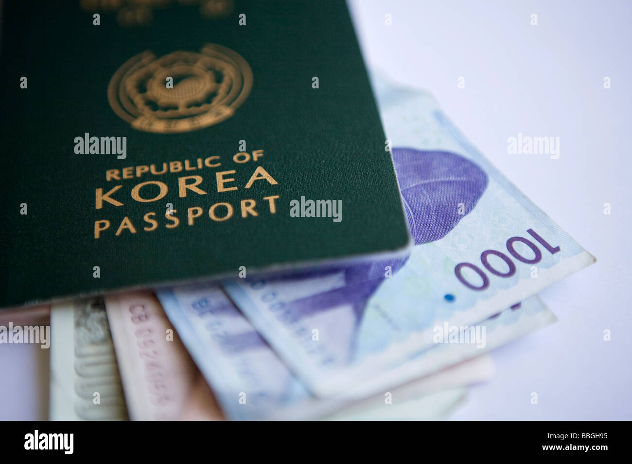 Republic of Korea passport and some money Stock Photo