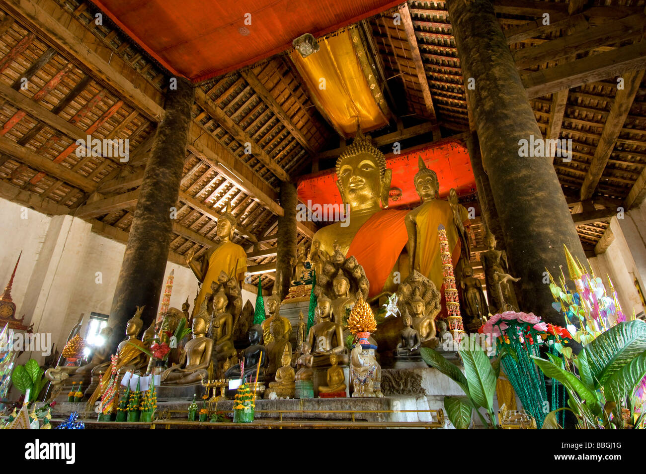 temple with Buddha statues, Laos, Luang Prabang Stock Photo
