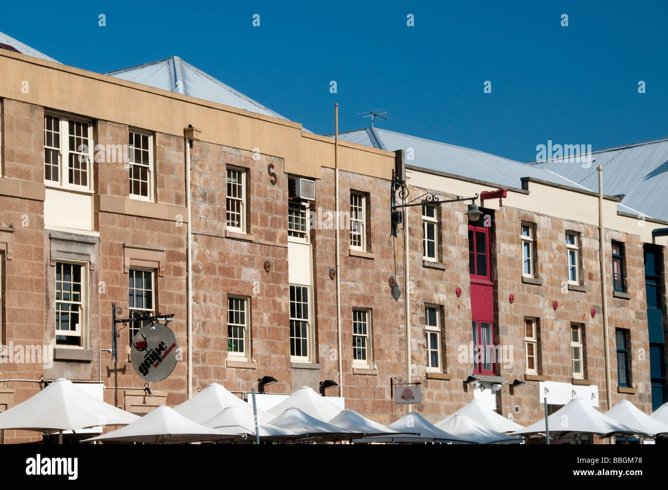 Sandstone buildings along Salamanca Place in Hobart, Tasmania Australia Stock Photo