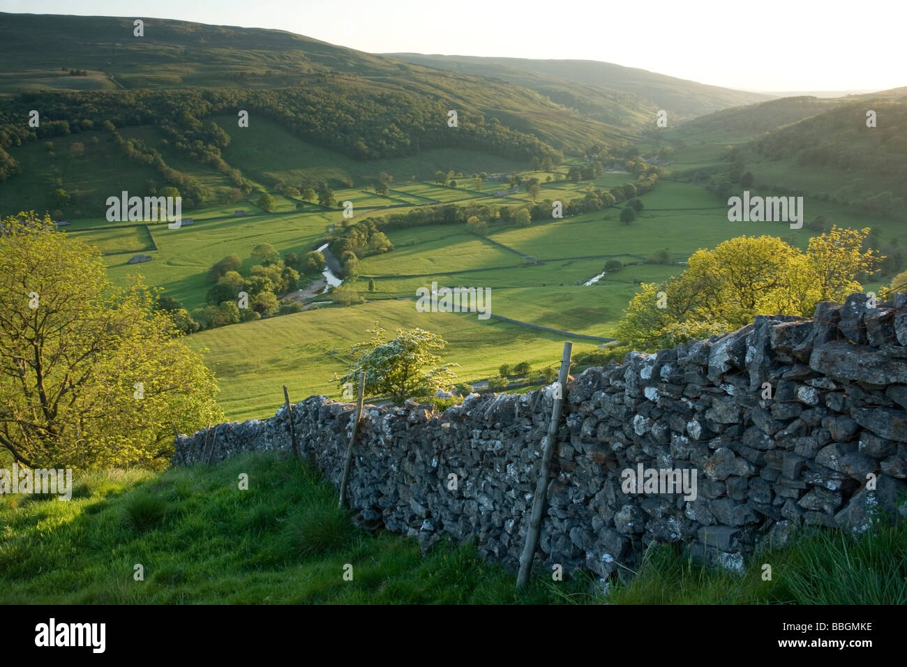 View along the valley close to Buckden, at the very top of Upper Wharfedale, Yorkshire Dales UK Stock Photo