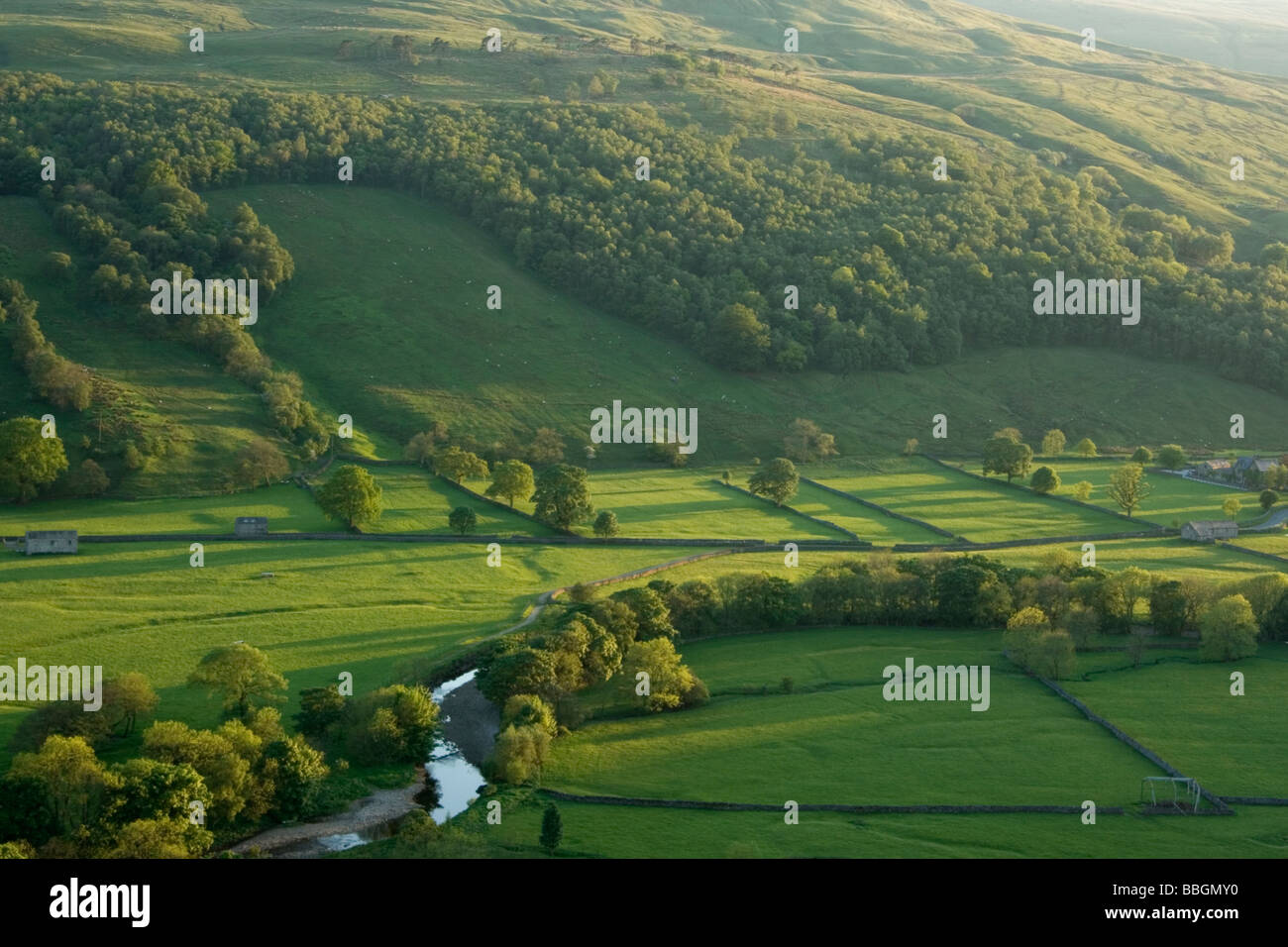 View river Wharfe and valley bottom close to Buckden, at the very top of Upper Wharfedale, Yorkshire Dales UK Stock Photo