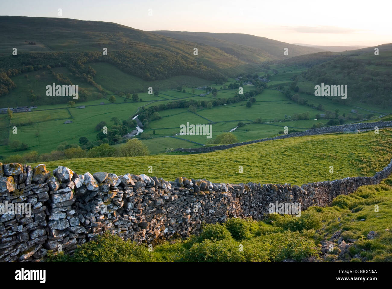 View along the valley close to Buckden, at the very top of Upper Wharfedale, Yorkshire Dales UK Stock Photo