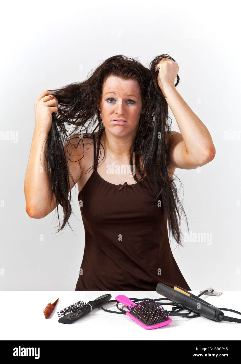 Attractive model having a bad hair day. Stock Photo