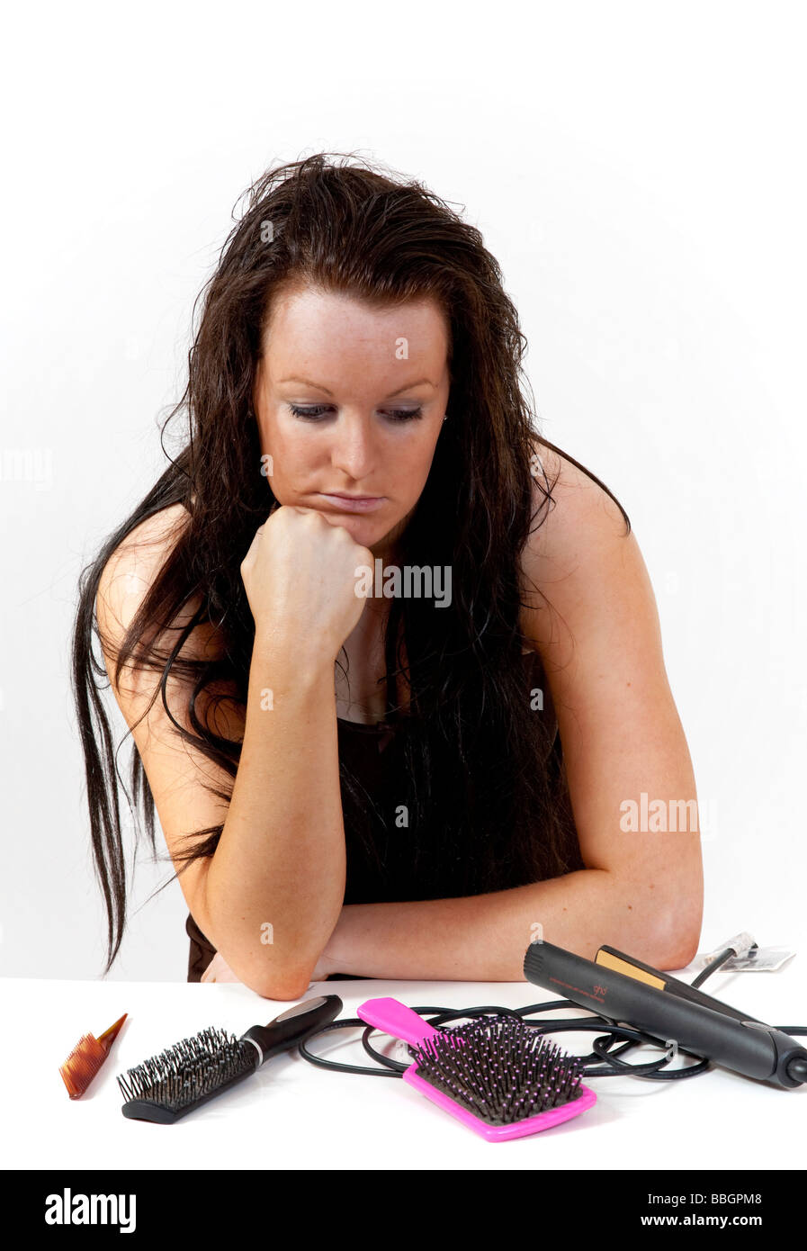 Attractive model having a bad hair day. Stock Photo