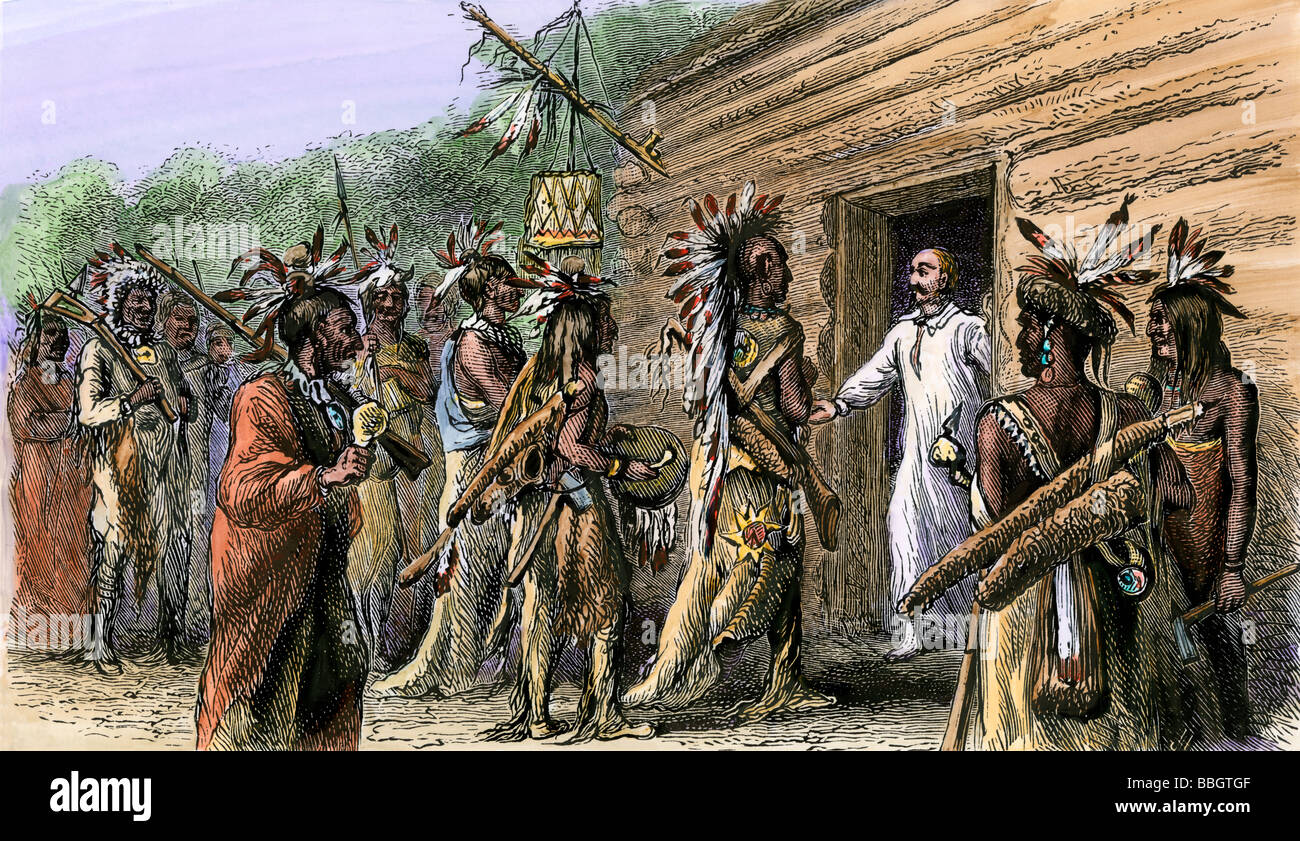 Native American raid on French colonial settlement at Natchez Mississippi November 1729. Hand-colored woodcut Stock Photo